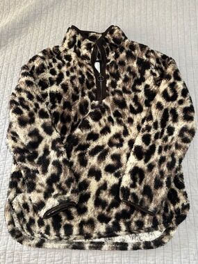 Leopard Print Half-Zip Sherpa Pullover - Cream & Black